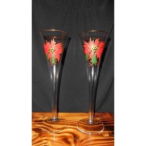 2 Vintage Champagne Flutes Poinsettia Holly Berry Gold Rim Christmas Toasting